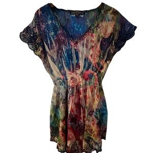 Mushbaby Sienna Rose-Colorful Sheer Top-Sz S-Smocked Waist-Fairy Grunge-Festival